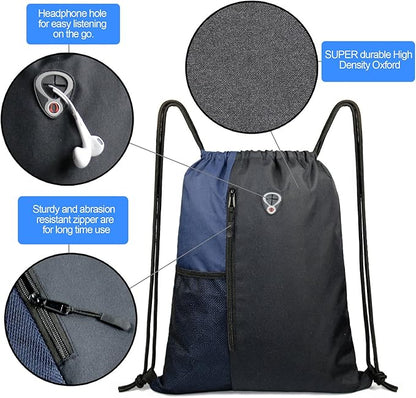 BeeGreen Drawstring Backpack Sports Gym Bag for Women Men Large Cinch Sackpack with 2 Zipper Pockets and Water Bottle Mesh Pockets Black Navy