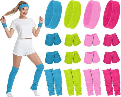 Hillban 4 Set 80s Leg Warmers for Women Men 80s 90s Accessories Neon Headband Wristband Workout Outfit for Carnival Party