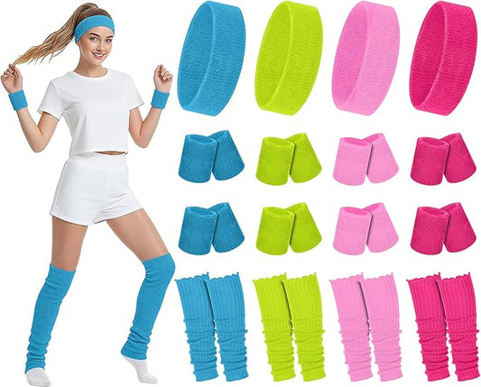 Hillban 4 Set 80s Leg Warmers for Women Men 80s 90s Accessories Neon Headband Wristband Workout Outfit for Carnival Party