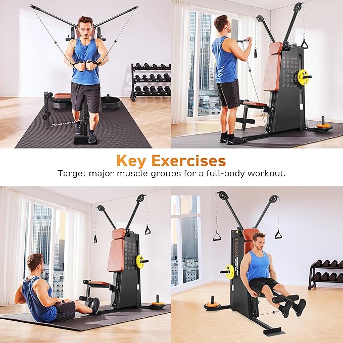 Multi Functional Home Gym Machine, All in One Compact Fitness Station with Pulley System for Shoulder, Leg, LAT Pulldown and Rowing, Space Saving Plate Loaded Strength Training Equipment