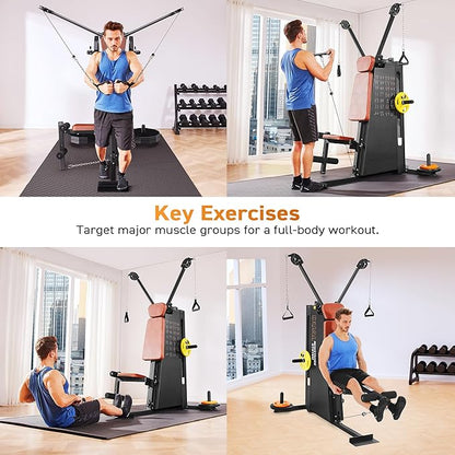 Multi Functional Home Gym Machine, All in One Compact Fitness Station with Pulley System for Shoulder, Leg, LAT Pulldown and Rowing, Space Saving Plate Loaded Strength Training Equipment