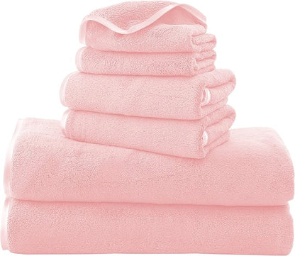 TENSTARS Luxury Silk Hemming Towel Set - Light Thin Quick Drying - 2 Bath Towels 2 Hand Towels 2 Washcloths - Ultra Soft Microfiber Towel for Bath Fitness, Sports, Yoga, Travel (Pink 6 Pieces)