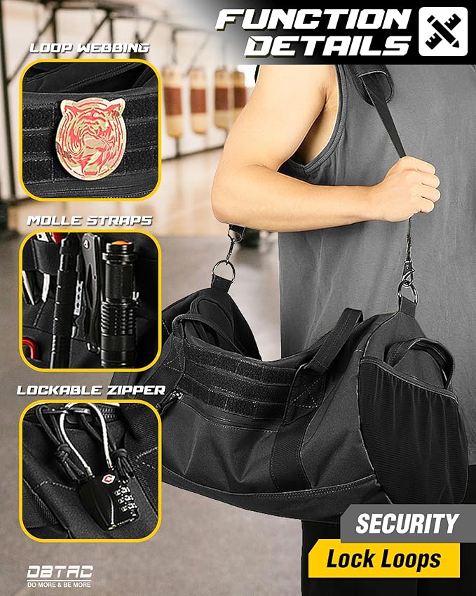 DBTAC 40L Tactical Gym Bag for Men | Military Heavy Duty Duffle Bag with Adjustable Strap for Gym Workout Fitness, Basketball Soccer Sport Training & Weekend Travel, Black