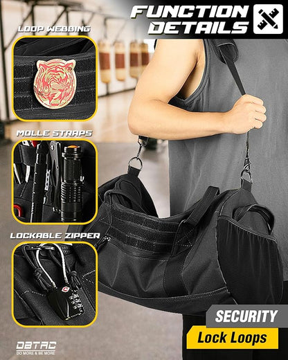 DBTAC 40L Tactical Gym Bag for Men | Military Heavy Duty Duffle Bag with Adjustable Strap for Gym Workout Fitness, Basketball Soccer Sport Training & Weekend Travel, Black