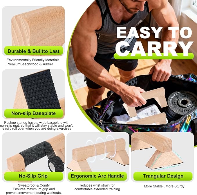 Push Up Bar, Wooden Push Up Handles for Home Strength Training, 2 PCS Wood Push Up Bars for Floor Non-Slip Base Exercise Indoor Outdoor Workout Equipment