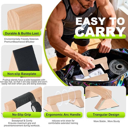 Push Up Bar, Wooden Push Up Handles for Home Strength Training, 2 PCS Wood Push Up Bars for Floor Non-Slip Base Exercise Indoor Outdoor Workout Equipment