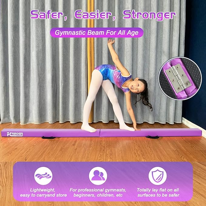 8FT Folding Balance Beam -Gymnastics Floor Beam -Gymnastics Equipment for Kids,Wood core- Anti-Slip Bottom and Carrying Bag for Home