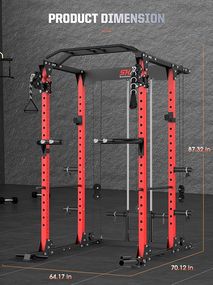 SunHome Power Cage Squat Rack, Power Rack with Pulley System, Adjustable Cable Crossover System, J-Hooks, Dip Handles, Weight Plate Storage