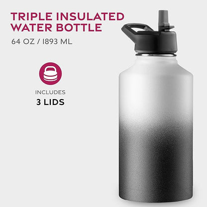 FineDine Water Bottle - Stainless Steel Insulated Water Bottle with Straw Lid, Flip Lid & Wide-Mouth Cap - Keeps Hot and Cold - 64 Oz / 1.89L - Dreamy Black-White