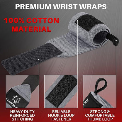TECEUM Weightlifting Wrist Wraps with Thumb Loop – Gray – Beast Mode – 12 inch – Heavy-Duty Workout Wrist Support & Protection – Ideal for Powerlifting, Strength Training, Bodybuilding