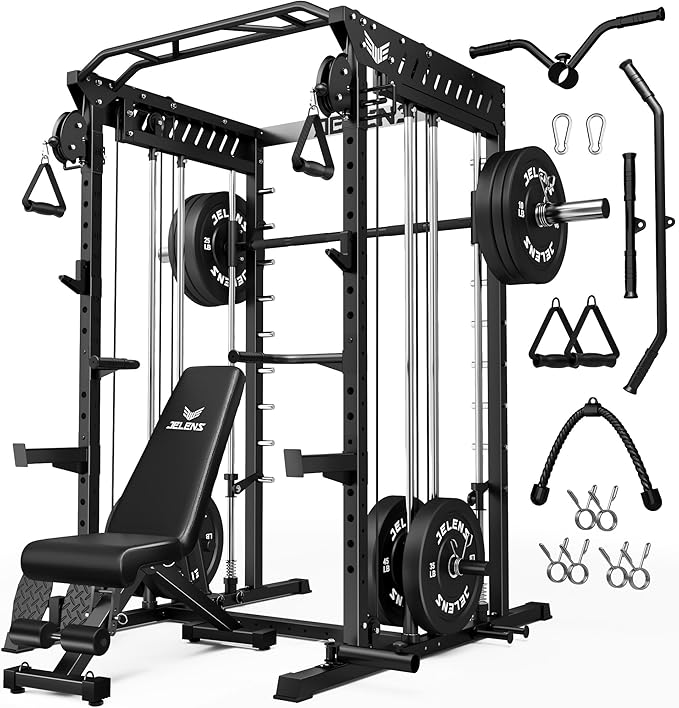 M21 Smith Machine, Multi-Function Power Cage with Dual Pulley Cable Crossover System, 2000LBS All-in-One Squat Rack with Smith Bar and Attachments for Home Gym Strength Training