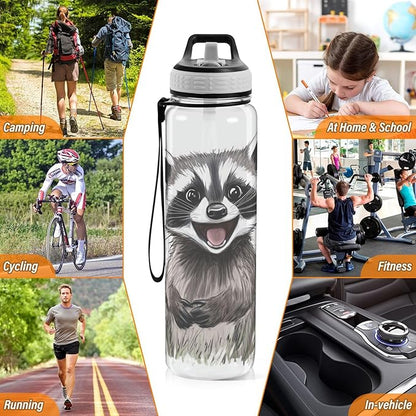 Fustylead Happy Cute Raccoon 32oz Water Bottle with Straw, Leakproof Clear Sport Water Bottles for Gym Camping Hiking Travel