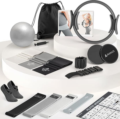 Pilates Kit, Pilates Essentials Kit for Women Home Workouts, Pilates Equipment with 14.5" Pilates Ring and Ball,7 Resistance Bands,Ankle Weights,Sliders & Grip Socks for Beginners