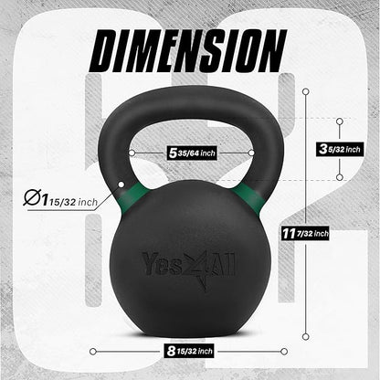 Yes4All Powder Coated Kettlebell, Cast Iron Core Kettlebells with Non-Slip Handle & Flat Bottom for Conditioning, Heavy Duty for Strength Training, 9lb to 71lb - Single & Pair