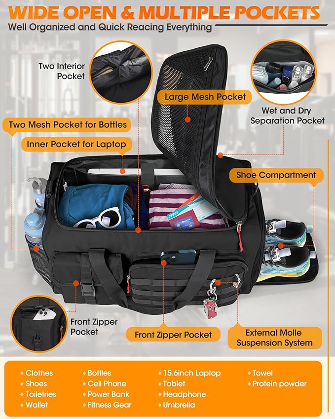 RAINSMORE Gym Bag for Men, 45L Sports Travel Duffel Bag with Shoe & Laptop Compartment, Gym Workout Backpack Carry On Weekender Bag Overnight Backpack for Travel, Black