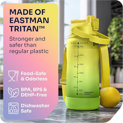 1/2 Gallon Water Bottle with 74.3 oz Capacity - Motivational Time Markers for Daily Hydration Goals - Leakproof BPA Free Tritan with Removable Straw