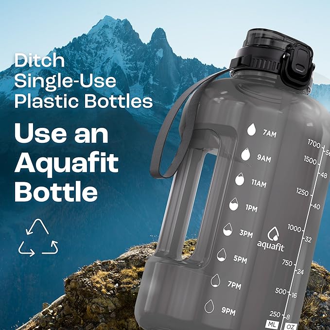 AQUAFIT Half Gallon Water Bottle with Time Marker - Straw & Chug Lid - BPA Free Gym Water Bottle with Straw - Big Gallon Jug (Gray, 64 oz - 2in1 Lid)