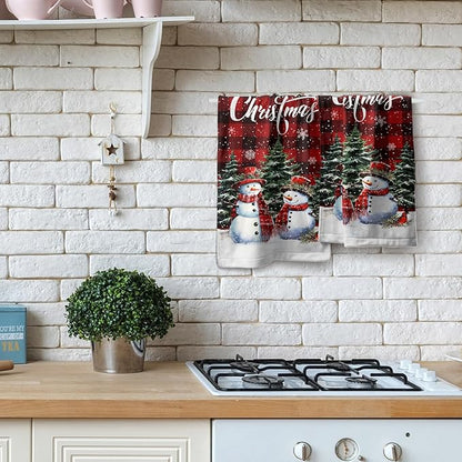 Xmas Snowman Small Bathroom Towels Set Merry Christma Black Red Buffalo Plaid Hand Towels Winter Trees Holiday Kitchen Dish Towels Absorbent Fingertip Towel for Hotel Beach Gym Spa 28x14 inch