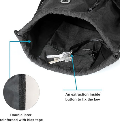 BeeGreen Mix Black Drawstring-Backpack-Gym-Bag, Large Sports Bag For Women W Water Bottle Pocket &Front Zippered Pocket, String Sackpack For Traveling Yoga Beach Outdoor