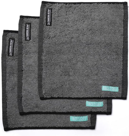 FACESOFT Mini Towels Charcoal 2X PRO Detox Multipack - Double Activated Charcoal - Pulls Toxins and Impurities from Skin - Soft and Absorbent Cotton Exercise Towel - Workout Towel for Sweat - 3 Pc