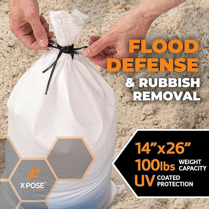 Xpose Safety Heavy Duty Sand Bags with Tie Strings – Empty Woven Polypropylene Sandbags for Hurricane Flood Protection, 100 lb Capacity, 14" x 26", White, Pack of 1000