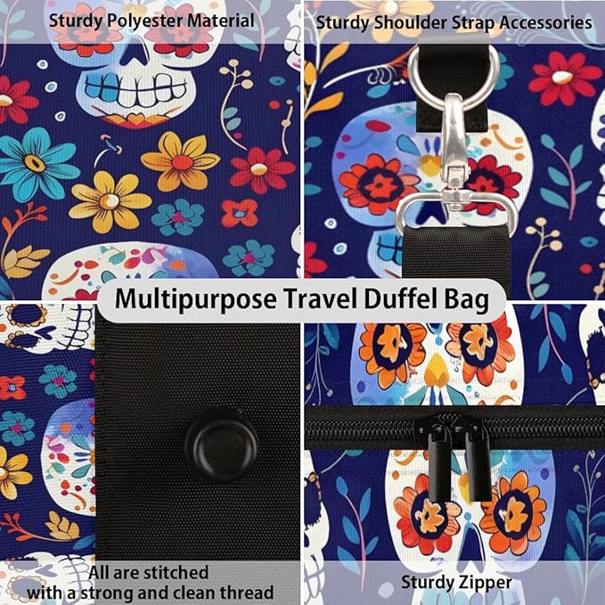 Travel Duffel Bag Skull Flower Colorful Sport Tote Gym Bag Waterproof Foldable Carryon Weekend Overnight Training Handbag Sports Duffle Bags for Women Men Boys Girls