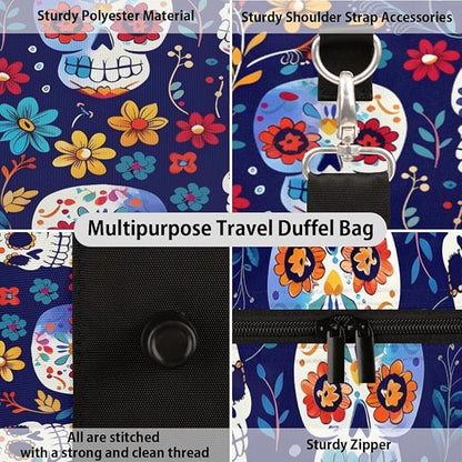 Travel Duffel Bag Skull Flower Colorful Sport Tote Gym Bag Waterproof Foldable Carryon Weekend Overnight Training Handbag Sports Duffle Bags for Women Men Boys Girls