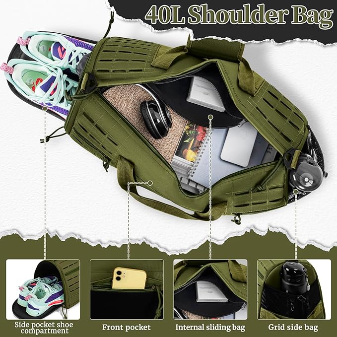 GMAK Military Tactical Duffle Bag for Men, 40L Sports Gym Bag with Shoe Compartment, Carry on Bag Travel Duffle Bag for Weekender Overnight Gym Workout Training Basketball Football, Green
