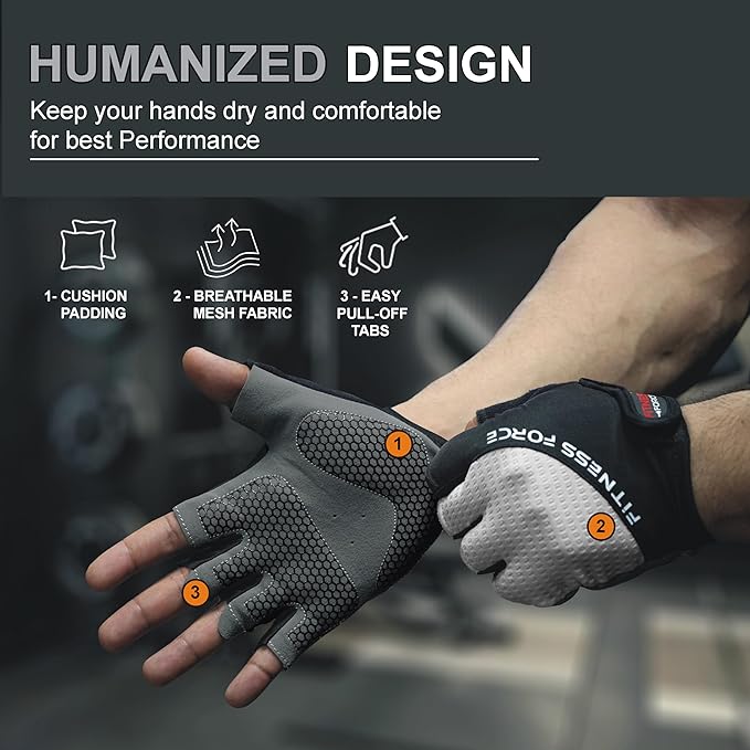 FITNESS FORCE Breathable Workout Gloves for Men and Women, Padded Weight Lifting Gloves with Full Palm Protection for Grip, Exercise, Cycling, Gym, Fitness Training
