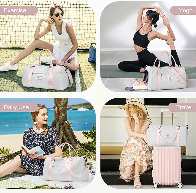 Gym Bag for Women with Shoes Compartment Small Duffel Bag Sport bag with Toiletry Bag Overnight Travel Tote Bags Weekender Carry on Bags Personal Item Bag for Airlines Grey Pink