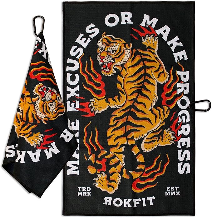 RokFit Gym & Golf Towel – Multi-Use, Quick-Dry, Durable Utility Towel with Bold Graphic and Carabiner Clip (Make Excuses Or Make Progress)