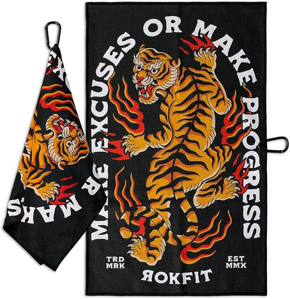 RokFit Gym & Golf Towel – Multi-Use, Quick-Dry, Durable Utility Towel with Bold Graphic and Carabiner Clip (Make Excuses Or Make Progress)