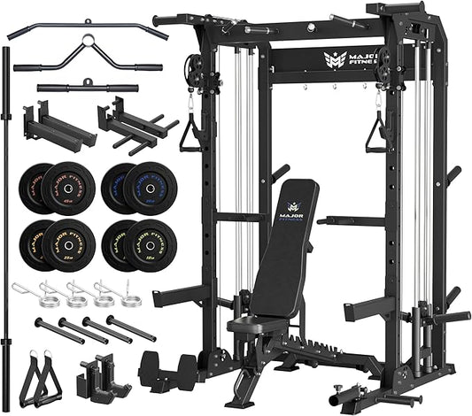MAJOR FITNESS F22 Power Rack, 1600lbs All-in-One Squat Rack with Dual Pulley System, Heavy-Duty Steel Frame, Attachments & Storage for Home Gym Strength Training