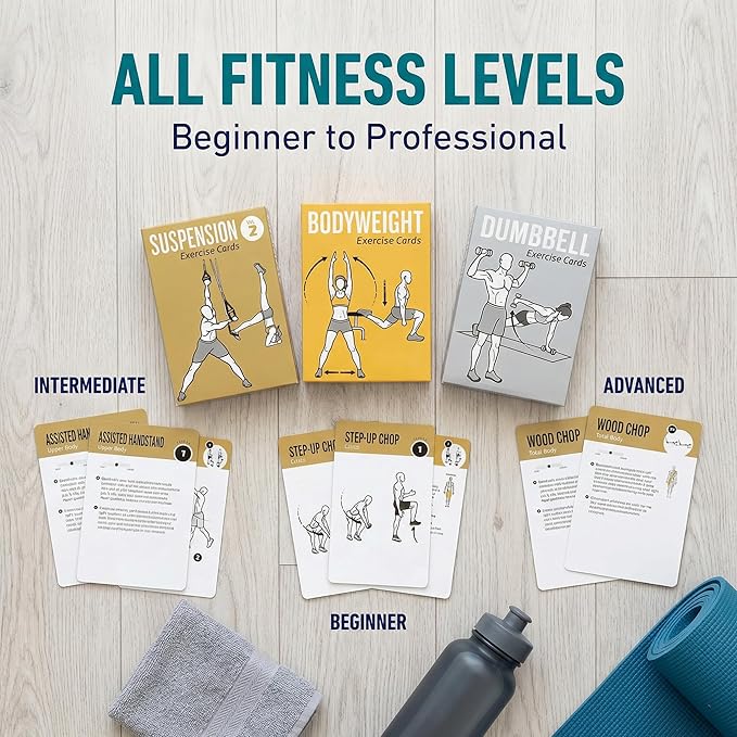 Bodyweight & Dumbbell & Suspension2 Workout Cards - 150 Large 5"x3.5" Exercise Cards with 36 Strength Moves, Home & Gym Fitness Cards for Men & Women, Beginner Fitness Guide