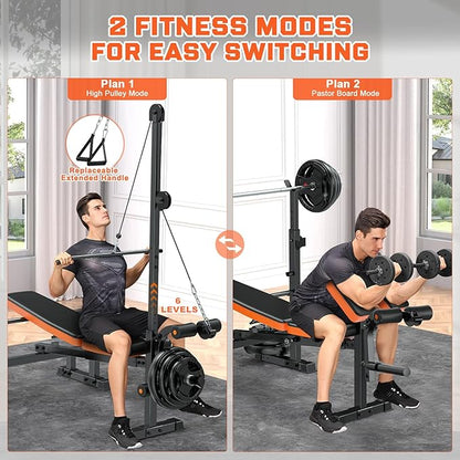 Fostoy 9-in-1 Adjustable Olympic Weight Bench with Lat Pulldown, Row, Squat Rack & Leg Curl – Multi-Function Strength Training Bench Press for Home Gym Full Body Workout