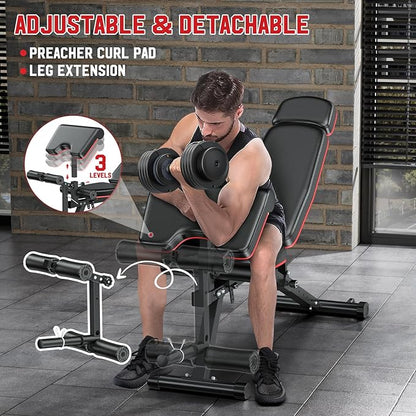 XDDIAS Workout Bench, Adjustable Weight Bench with Leg Extension and Leg Curl, Extended Headrest, 900LBS Preacher Curl Bench Incline Decline Flat Workout Bench for Home Gym Full Body Exercise
