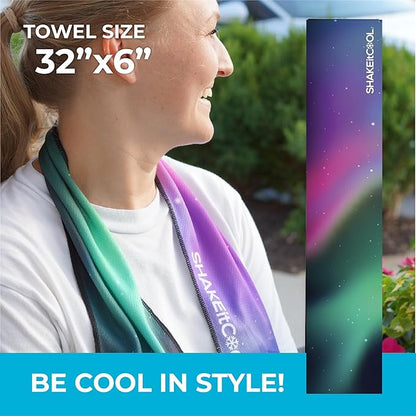 SHAKEitCOOL Original Cooling Towel – Be Cool in Style - Heat Relief, Soft, Lightweight, Sun Protection, Easy Clean - Perfect for Biking, Running, Yoga, Gym, Gardening - Aurora