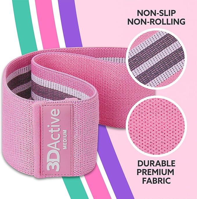 3DActive Fabric Resistance Bands for Legs & Butt. Wide Non-Slip Hip Band Set for Home & Gym Workouts. Exercise Guide & Carry Bag Included.