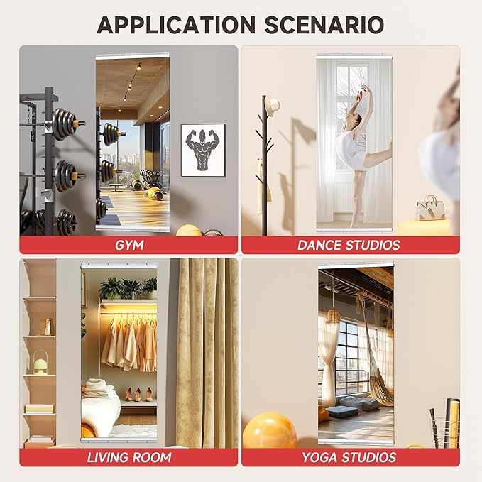 Home Gym Mirror, 63" x 28", 1PCS Large Full Body Mirror for Yoga, Silver HD Frameless Tempered Glass, Wall-Mounted Wall Mirrors for Home Gym, Workout, Dance Studio Anti-Distortion Technology