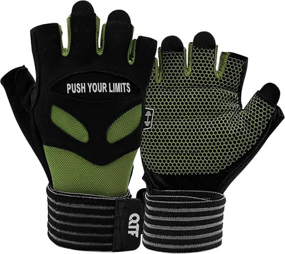 QTF Weight Lifting Gym Workout Gloves with Long Wrist Strap, Fingerless Gym Gloves for Men & Women, Full Palm Protection, for Weightlifting, Training, Fitness, Hanging