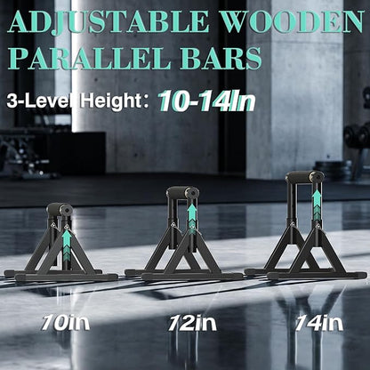 10-14'' Wooden Parallel Bar and Dip Bar with Adjustable Height and Non-Slip Handles, Rock-Free Fitness Equipment for Handstands, L-Sits, Gymnastics and Strength Training for Home Gym, 600lbs Capacity