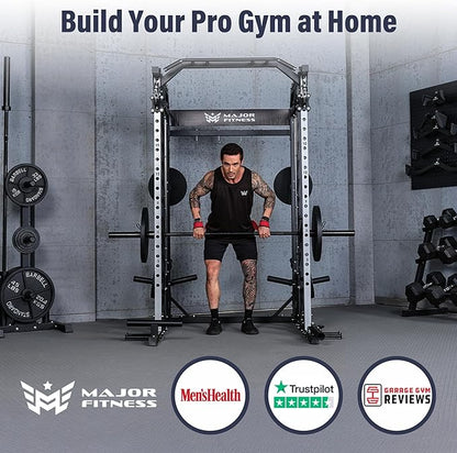 Major Fitness Drone2 Advanced Training Smith Machines– All-in-One Home Gym Squat Rack with Aluminum Pulley Set , Weight Bar, Dual LAT Pull-Down Systems & Cable Crossover Machine for Full-Body Workouts