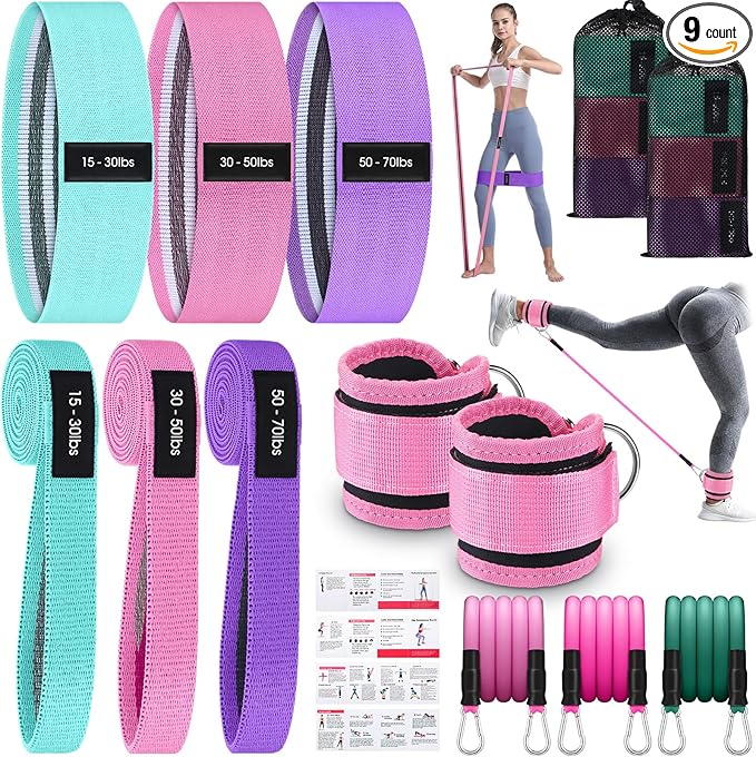 Women's Fabric & Ankle Resistance Bands Set: 6 Short, 3 Long Bands for Leg, Glute & Hip Workouts, Adjustable Resistance Levels with Non-Slip Design, Includes Travel Bag & Training Guide