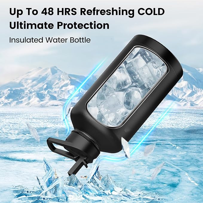 Insulated Water Bottle 128 oz, Triple Wall Vacuum Stainless Steel(Cold for 48 Hrs),Leak Proof & BPA-Free,Half Gallon Water Bottle with Reflective Paracord & Flip Straw for Sports & Travel, Black