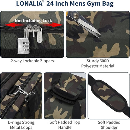 24 inch Gym Duffle Bag with Shoe Compartment - 55L Mens Gym Bag for Sport Travel Workout-Camo