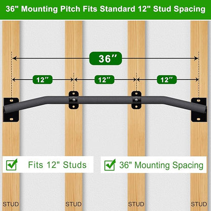 SELEWARE Heavy Duty Wall Mount Pull Up Bar, Joist Mount Chin Up Bar for Doorway, Sturdy Steel Construction, w/Resistance Band Hooks, Fits 32"/36" Wall Studs for Home Gym Strength Training