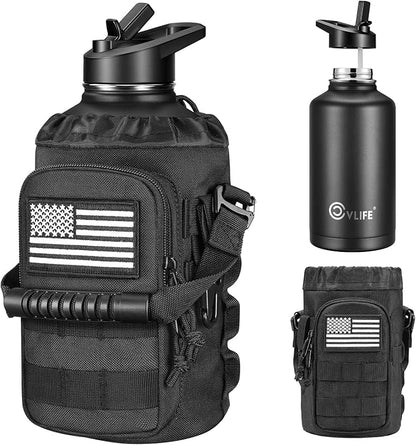 CVLIFE Half Gallon Water Bottle with Straw, 64 oz Insulated Stainless Steel Water Jug, Battle Sports Bottle with Bottle Pouch, Durable Handle, Removable Sleeve for Gym, Hiking, Camping (Black 2 Liter)