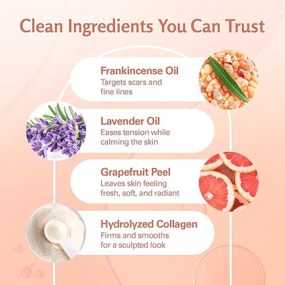 Frankincense Essential Massage Oil for Scars, Stretch Marks & Fine Lines, Firming, Hydrating, Smoothing & Calming Formula with Collagen, Stem Cells, Lavender & Grapefruit, 8 fl oz, by M3