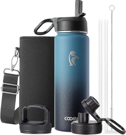 Coolflask Water Bottle 20 oz Insulated with Straw, Stainless Steel Metal 3 Lids Water Flask Wide Mouth for Sports or Office, Non-BPA Keep Cold Up to 48 Hrs or Hot Up to 24 Hrs, Samurai Cyan