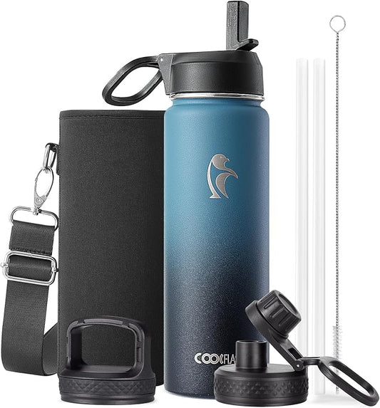 Coolflask Water Bottle 20 oz Insulated with Straw, Stainless Steel Metal 3 Lids Water Flask Wide Mouth for Sports or Office, Non-BPA Keep Cold Up to 48 Hrs or Hot Up to 24 Hrs, Samurai Cyan